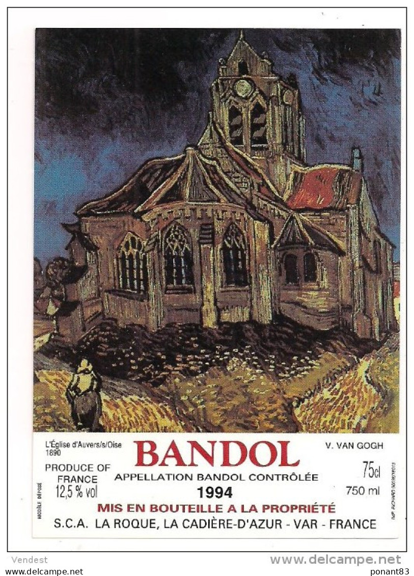 Etiquette BANDOL 1994 - Série  Van Gogh  : L'Eglise D'Auvers S/Oise 1890 -- - Arte