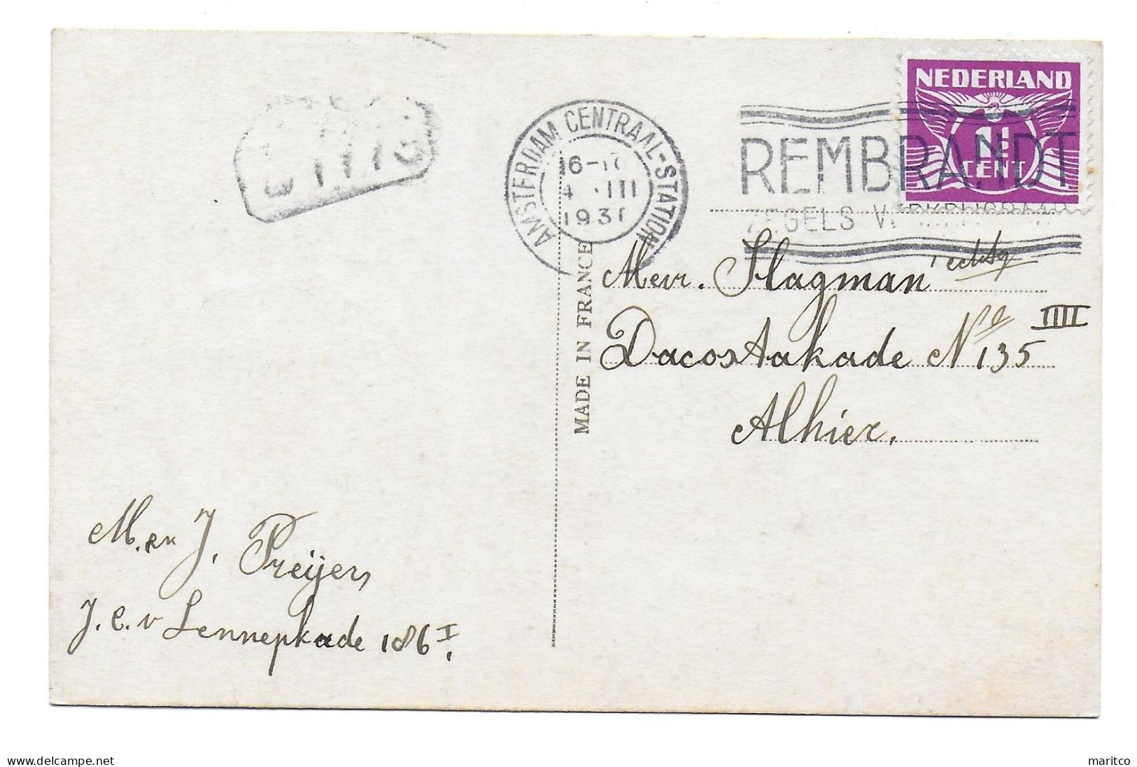 Nederland Netherlands 1931 Postcard With Rembrandt Cancel - Rembrandt