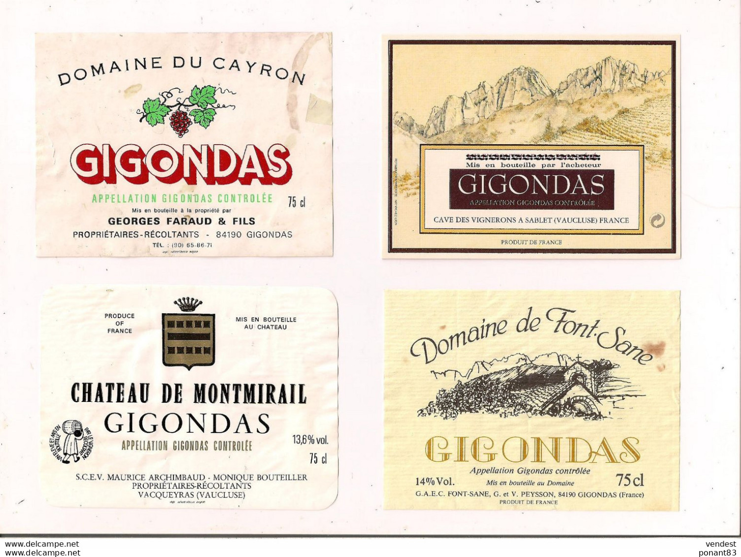 4 étiquettes Décollées  - Gigondas Château De Montmirail - Domaine Du Cayron, De Font-Sane, - Côtes Du Rhône