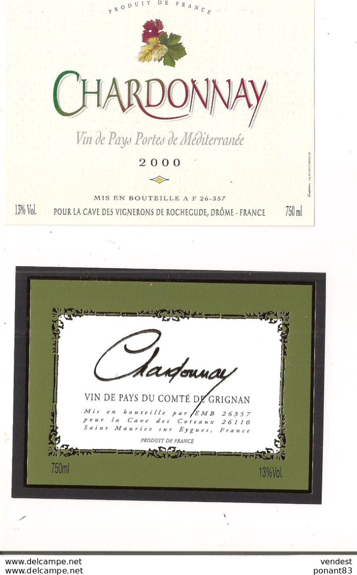 Etiquettes Chardonnay 2000 Vin De Pays Portes De Méditerranée - Vin De Pays Du Comté De Grignan - - Côtes Du Rhône