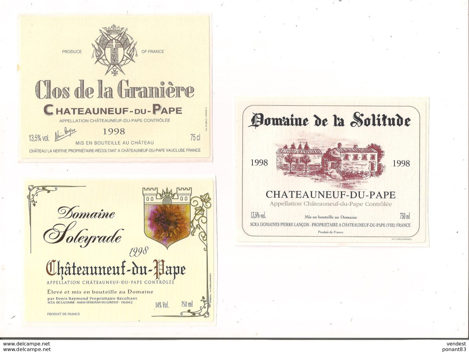 Etiquettes  Châteauneuf Du Pape: Clos De La Granière 1998, Domaine Soleyrade 1998, De La Solitude 1998 - - Côtes Du Rhône