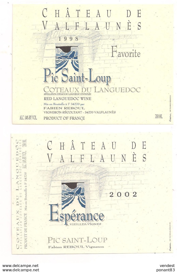 Etiquettes Côteaux Du Languedoc - Pic Saint Loup - Château De Valflaunès Favorite 1998 Et Espérance 2002 - - Languedoc-Roussillon