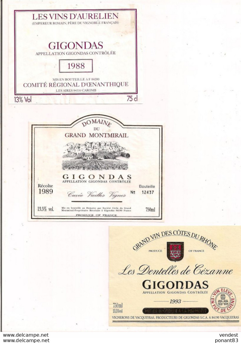 3 étiquettes Décollées  - Gigondas 1988 Les Vins D'Aurélien,1989 Grand Montmirai, 1993 Dentelles De Cézanne - - Côtes Du Rhône