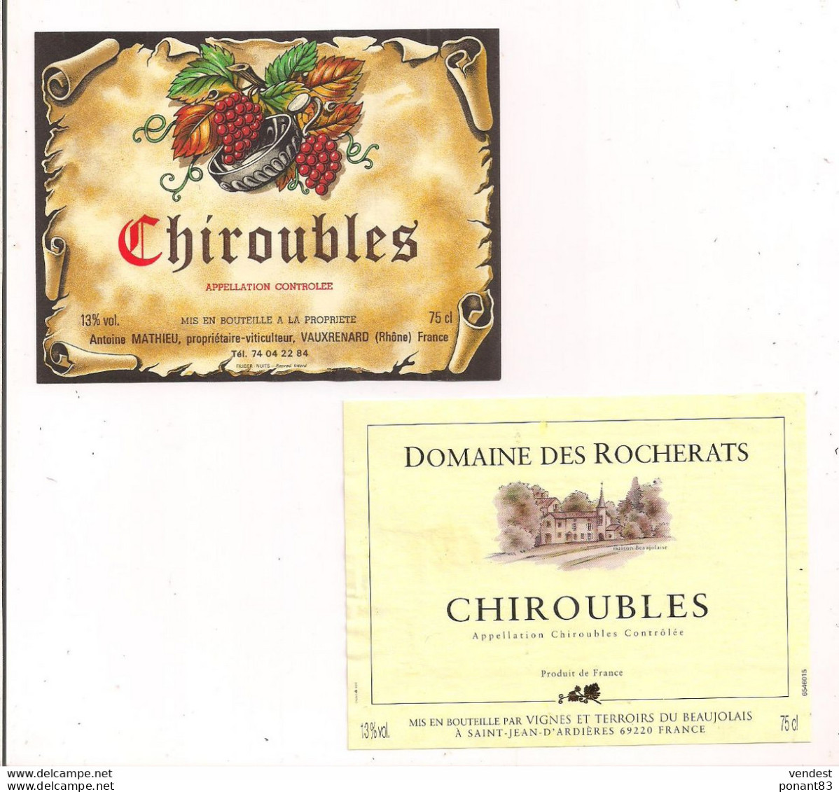 2 étiquettes Décollées  - Chiroubles - Antoine Mathieu à Vauxrenard Et Domaine Des Rocherats - - Beaujolais