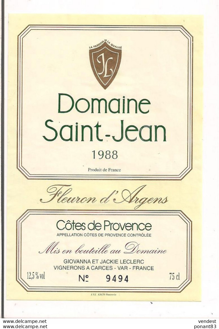 étiquette BANDOL 1988 -Domaine Saint-Jean - Fleuron D'Argens - Giovanna Et Jackie Leclerc à Carcès - - Rosés