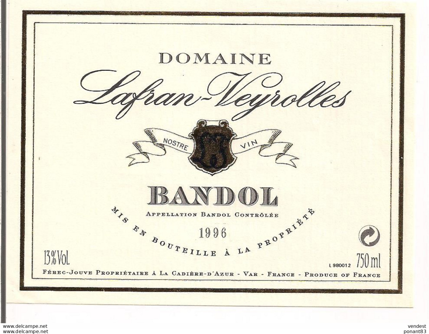 étiquette BANDOL 1996 - Domaine Lafran-Veyrolles - Férec-Jouve à La Cadière D'Azur - - Vino Rosado