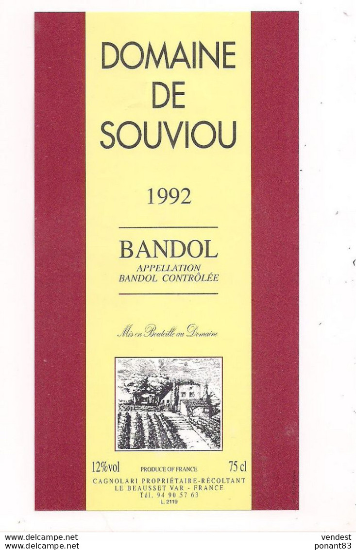 étiquette BANDOL 1992 -Domaine De Souviou - Cagnolari Le Beausset - - Roséwijn