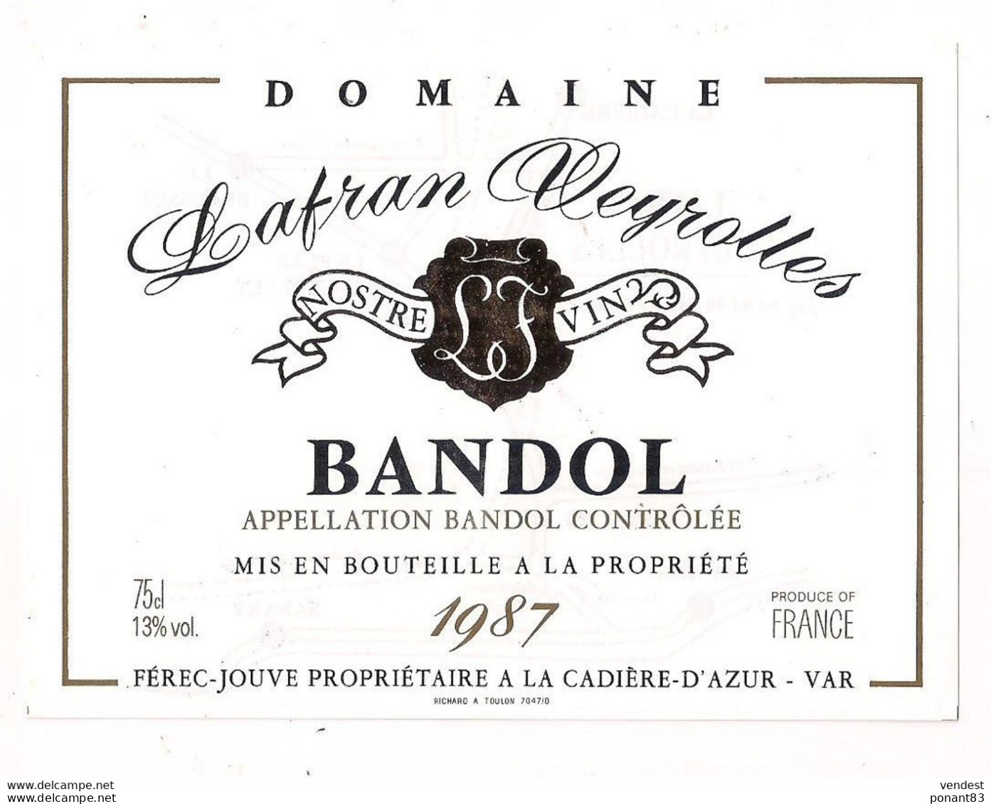 étiquette BANDOL 1987 - Lafran Veyrolles - Férec-Jouve à La Cadière D'Azur - - Pink Wines
