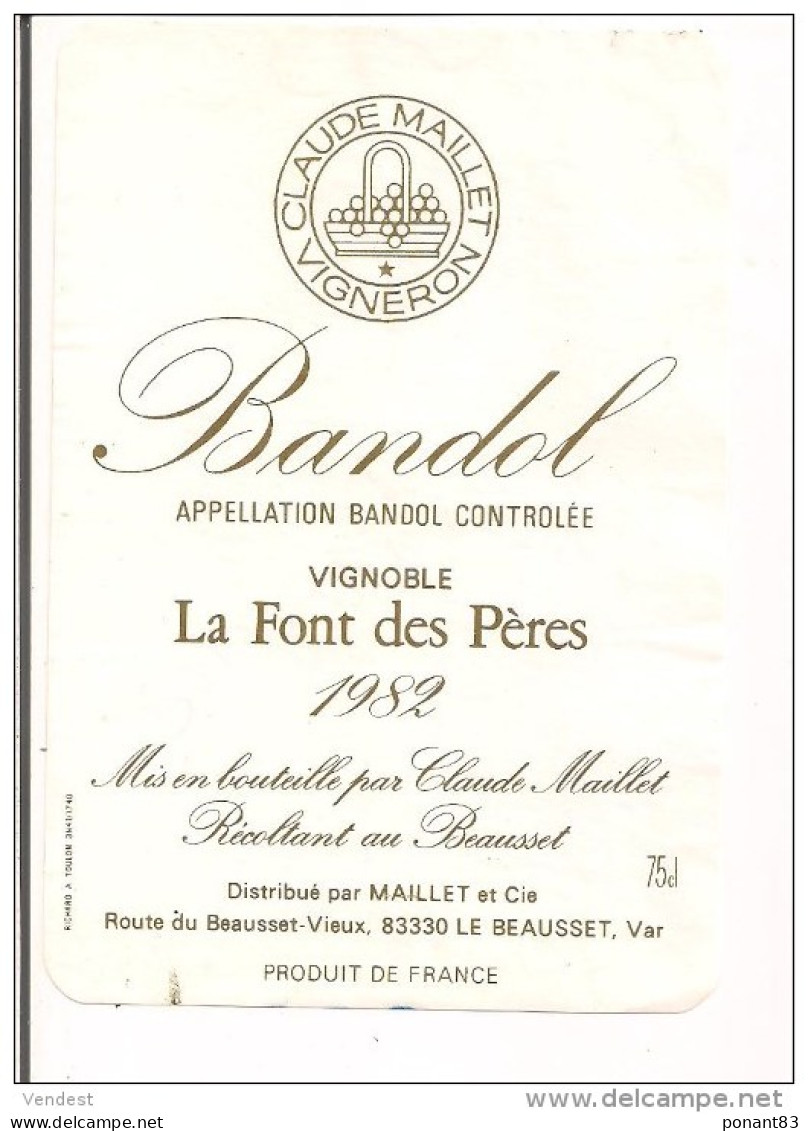 Etiquette  Bandol Vignoble La Font Des Pères - 1982 - Claude Maillet Au Beausset - Décollée - - Pink Wines