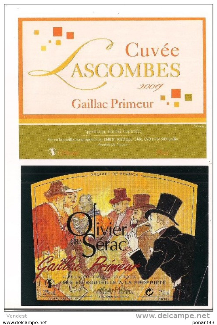 Etiquettes De Vin GAILLAC: Primeur Cuvée Lascombes 2009 Et Olivier De Sérac ( Ill. D'après Toulouse-Lautrec ) - Gaillac