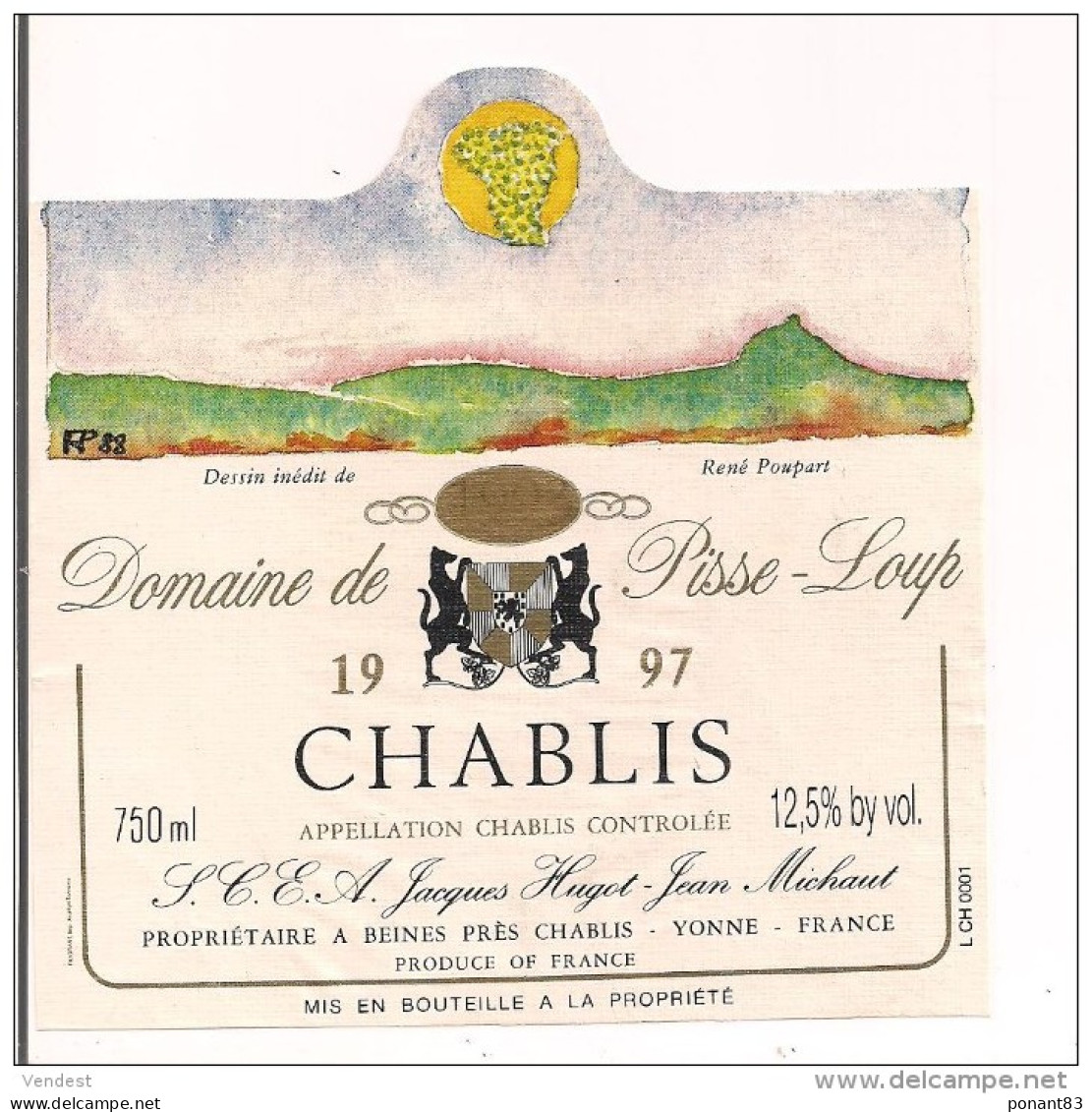Etiquette Vin De CHABLIS 1997 Domaine De Pisse-loup - Dessin De René Poupart - - Vino Bianco