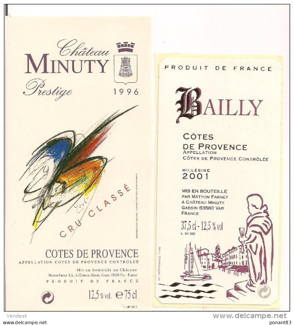 Etiquettes Côtes De Provence 1996 Prestige Cru Classé Et 2001 Bailly, Château Minuty, Gassin - - Vino Rosato