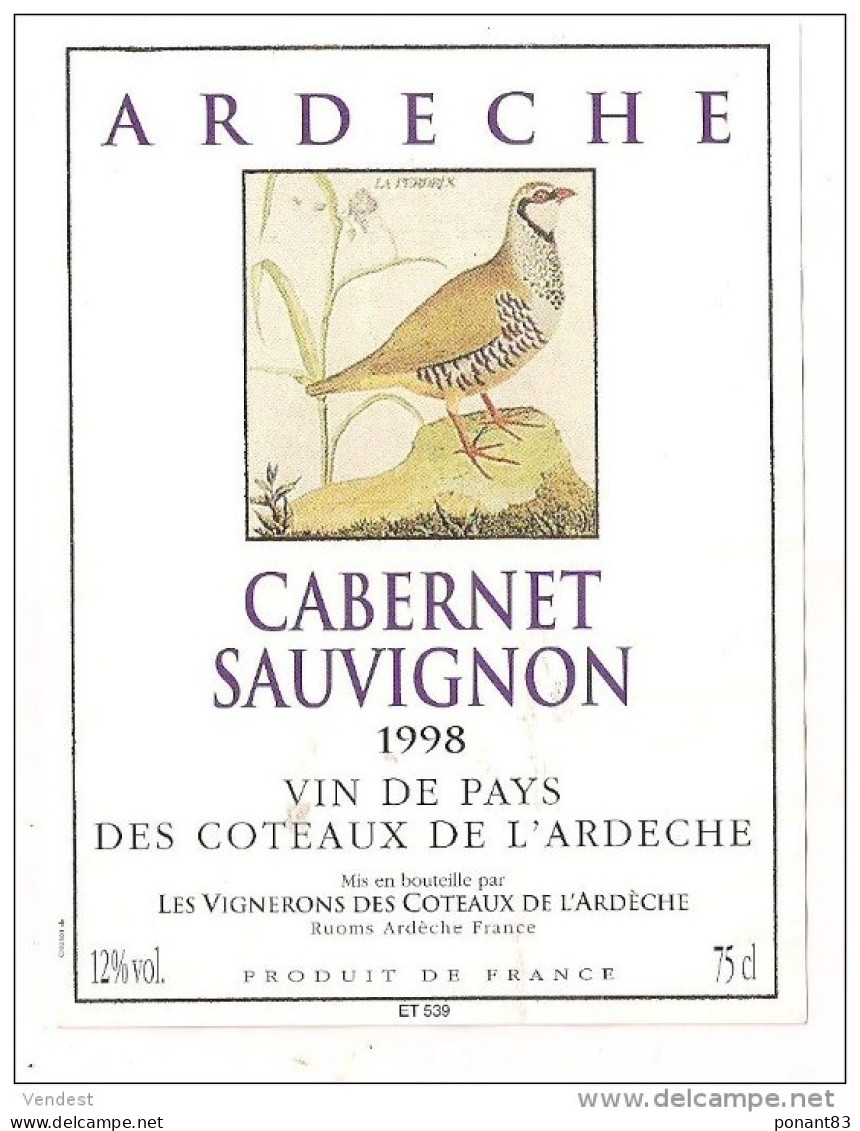 Etiquette Cabernet Sauvignon 1998 Coteaux De L'Ardèche - Illustration Perdrix - Décollée - - Witte Wijn