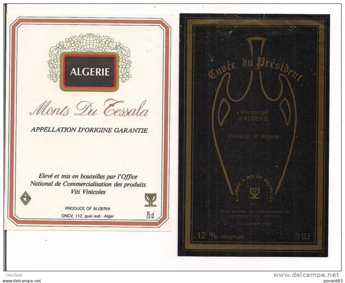 Etiquettes Vin  D'Algérie Monts Du Tessala  Et Cuvée Du Président - Office Nl De Commercial. Produits VitiVinicoles - - Verzamelingen, Voorwerpen En Reeksen