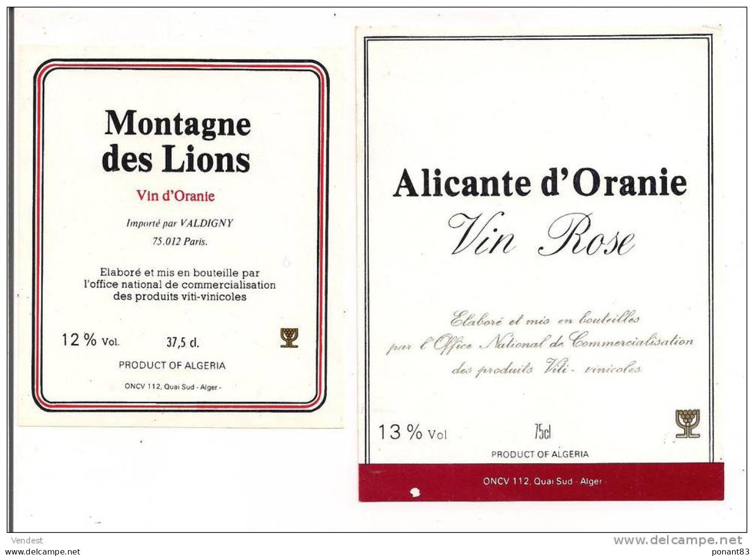 Etiquettes Vin  D'Algérie  Oranie Montagne Des Lions Et Alicante - Office Nl De Commercial. Produits VitiVinicoles - - Verzamelingen, Voorwerpen En Reeksen