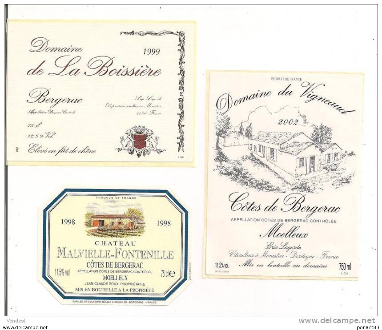 Etiquettes Domaine Boissière BERGERAC Et Domaine Vigneaud 2002 Et Château Malvielle-Fontenille 1998 Côtes De Bergerac  - - Bergerac