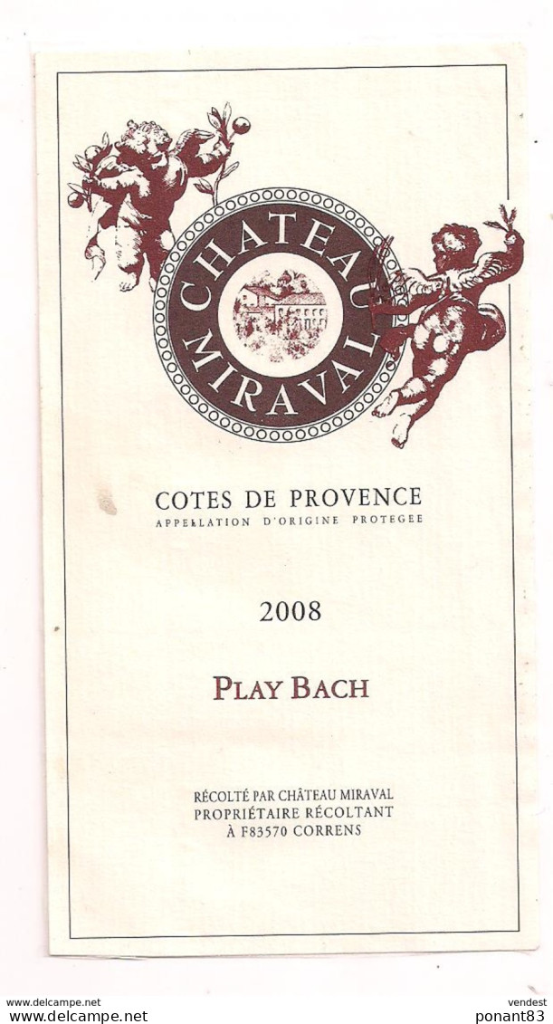 Etiquette Décollée  Côtes De Provence - 2008 - Play Bach - Château Miraval à Correns - - Pink Wines