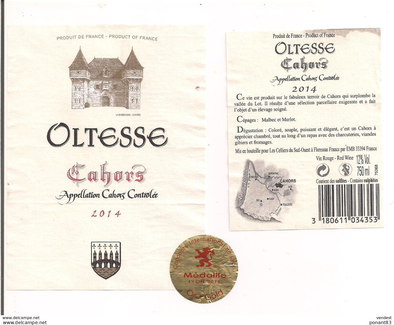 Etiquette Décollée  Vin De Cahors - Oltesse - 2014 - Médaille Or Lyon 2015 - Ill. La Barbacane - Cépage Malbec Et Merlot - Gaillac