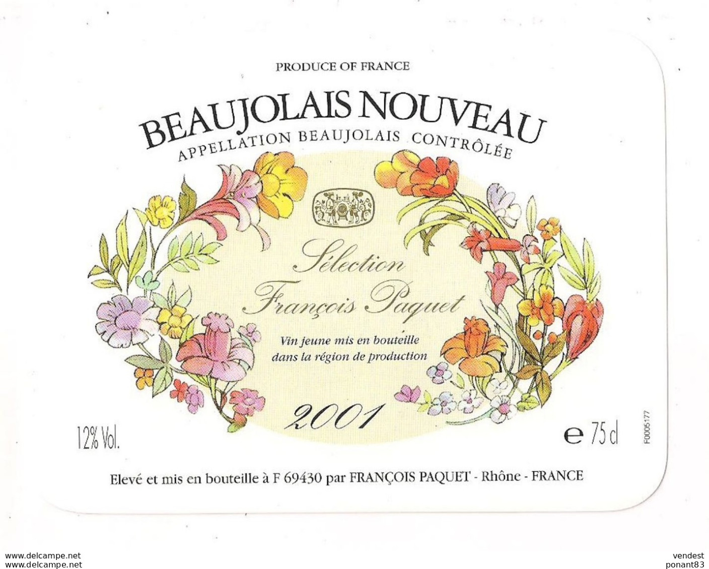 Etiquette  Beaujolais  Nouveau 2001 - Sélection François Paquet - - Beaujolais