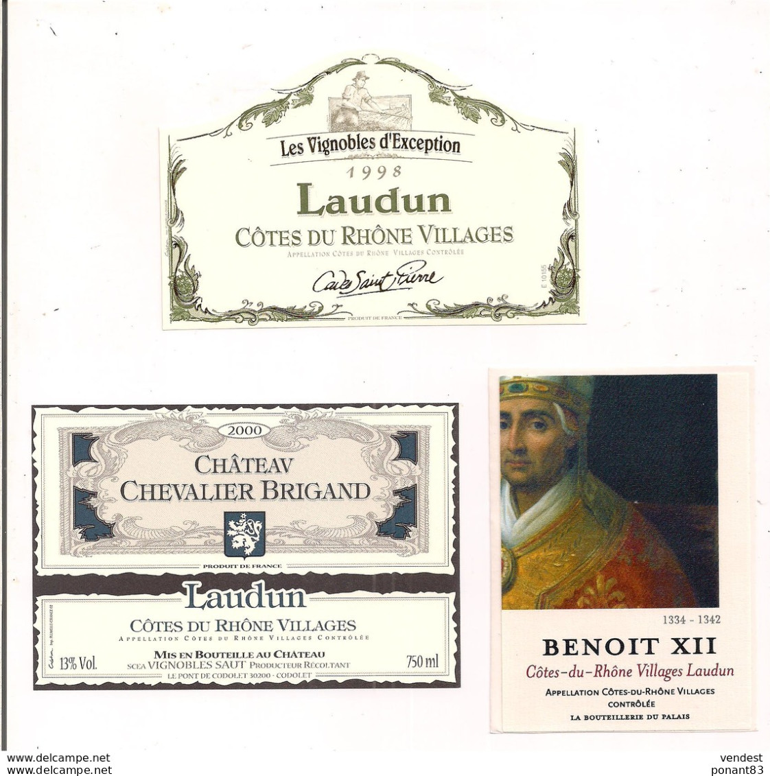 3 Etiquettes Côtes Du Rhône Villages Laudun - Les Vignobles D'exception 1998, Chevalier Brigand 2000, Benoit XII - - Côtes Du Rhône