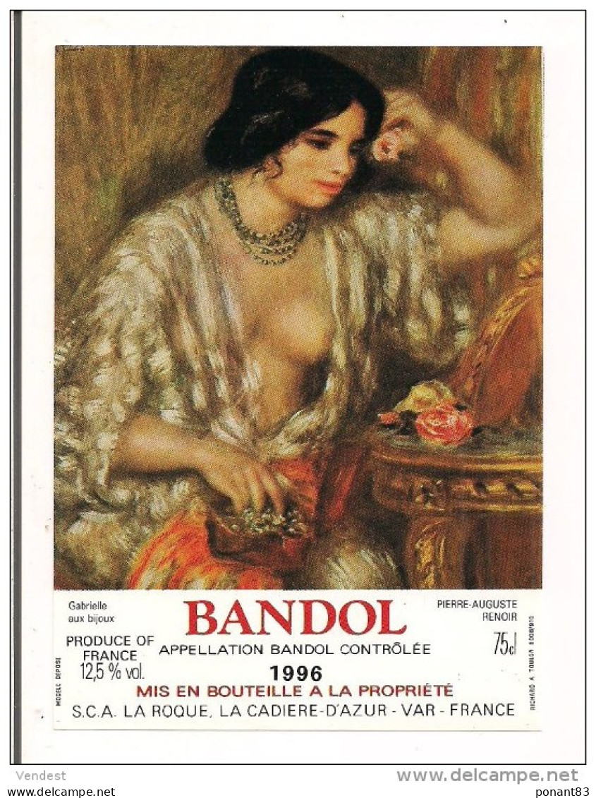 Etiquette BANDOL 1996 - Série Renoir :  Gabrielle Aux Bijoux  - - Art