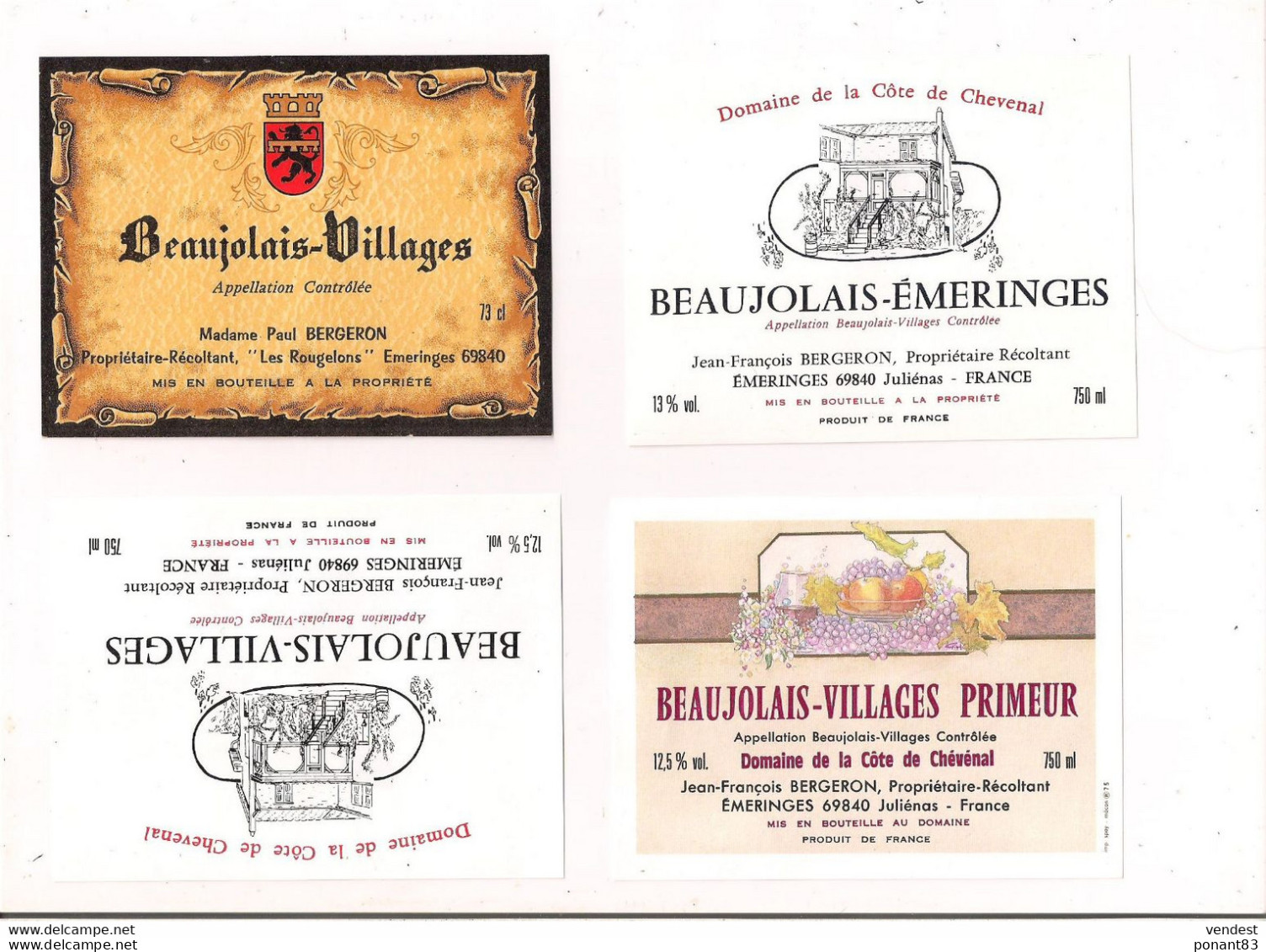 4 étiquettes  Beaujolais Villages , Primeur Et Emeringes - Mme Paul Et Jean-François Bergeron, Juliénas - - Beaujolais