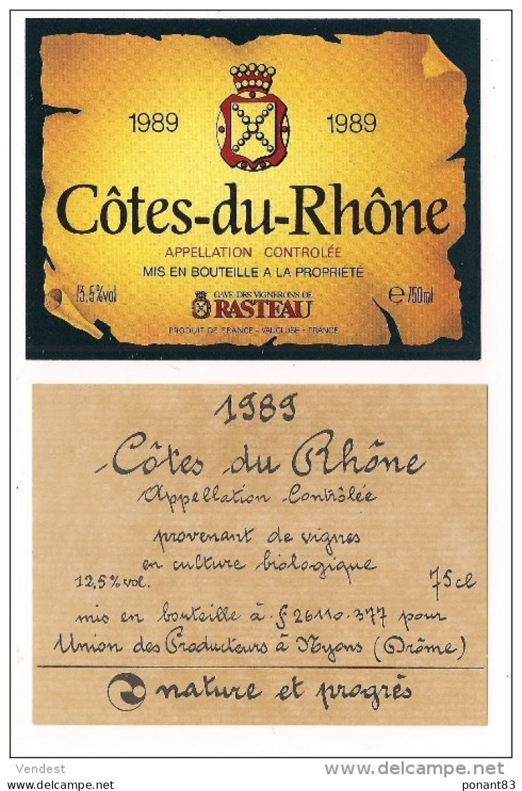Etiquettes   Côtes Du Rhône  1989 - Rasteau Et Biologique à Nyons - - Côtes Du Rhône