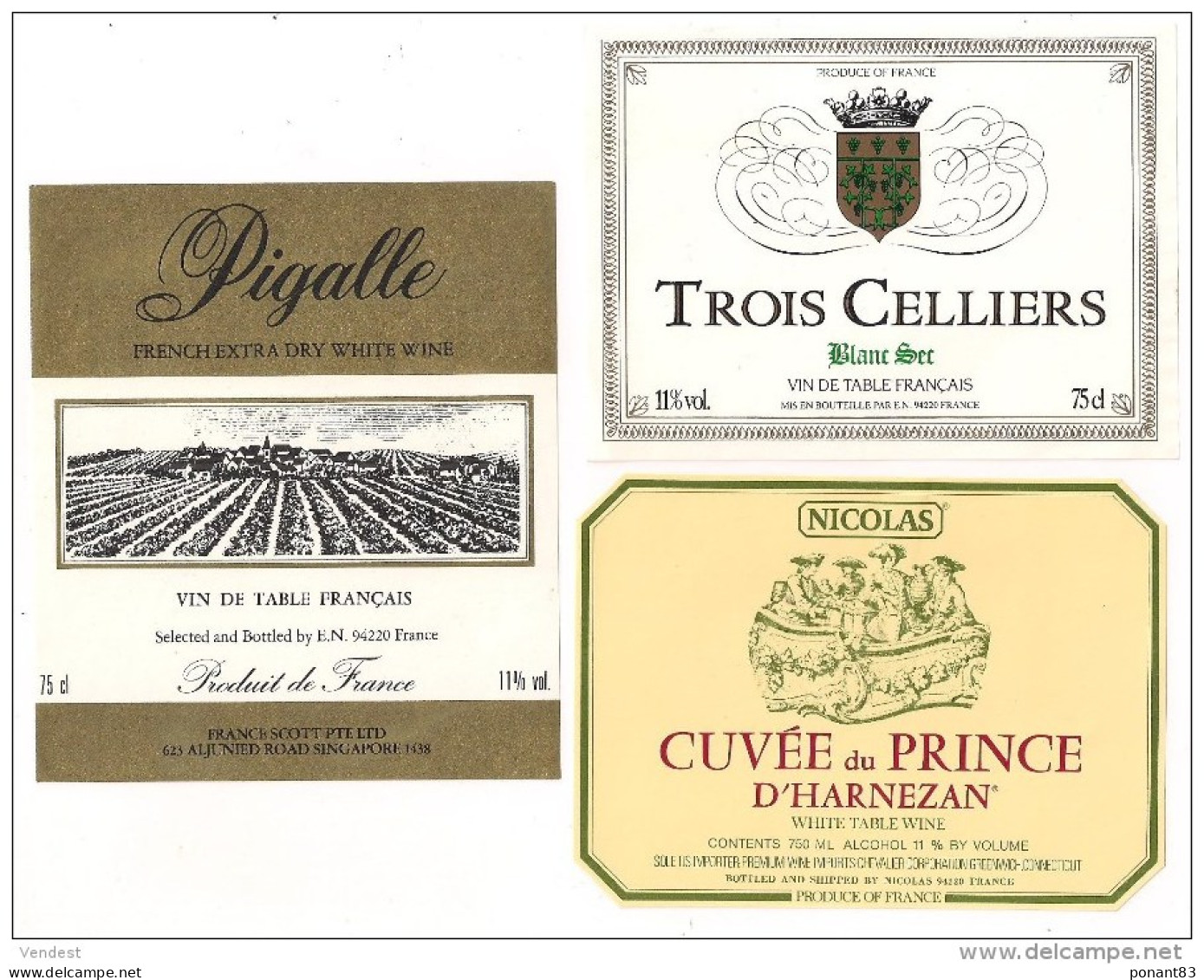 Etiquettes  Vin Blanc Pigalle,( Pour Singapour ), Trois Celliers, Cuvée Prince D'Harnezan Et Blanc De Blancs - Nicolas - - Vino Bianco