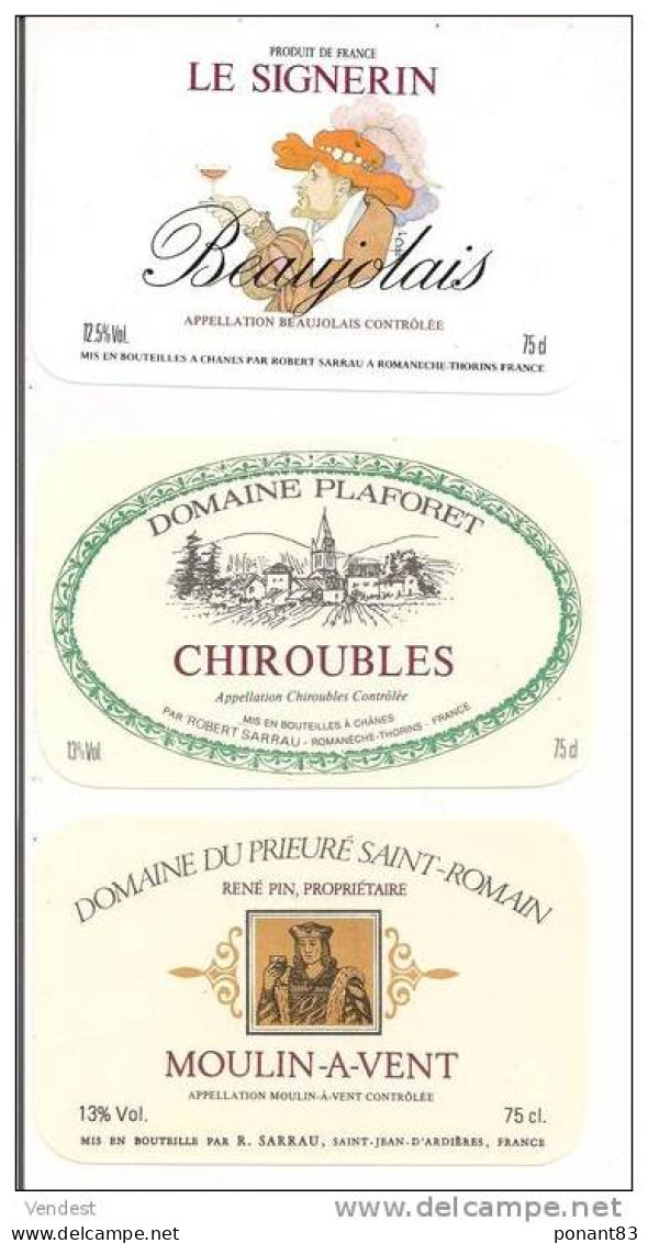 Etiquettes Crus Du BEAUJOLAIS Le Signerin, Chiroublles Domaine Plaforet Et Moulin à Vent Prieuré St  Romain - - Beaujolais