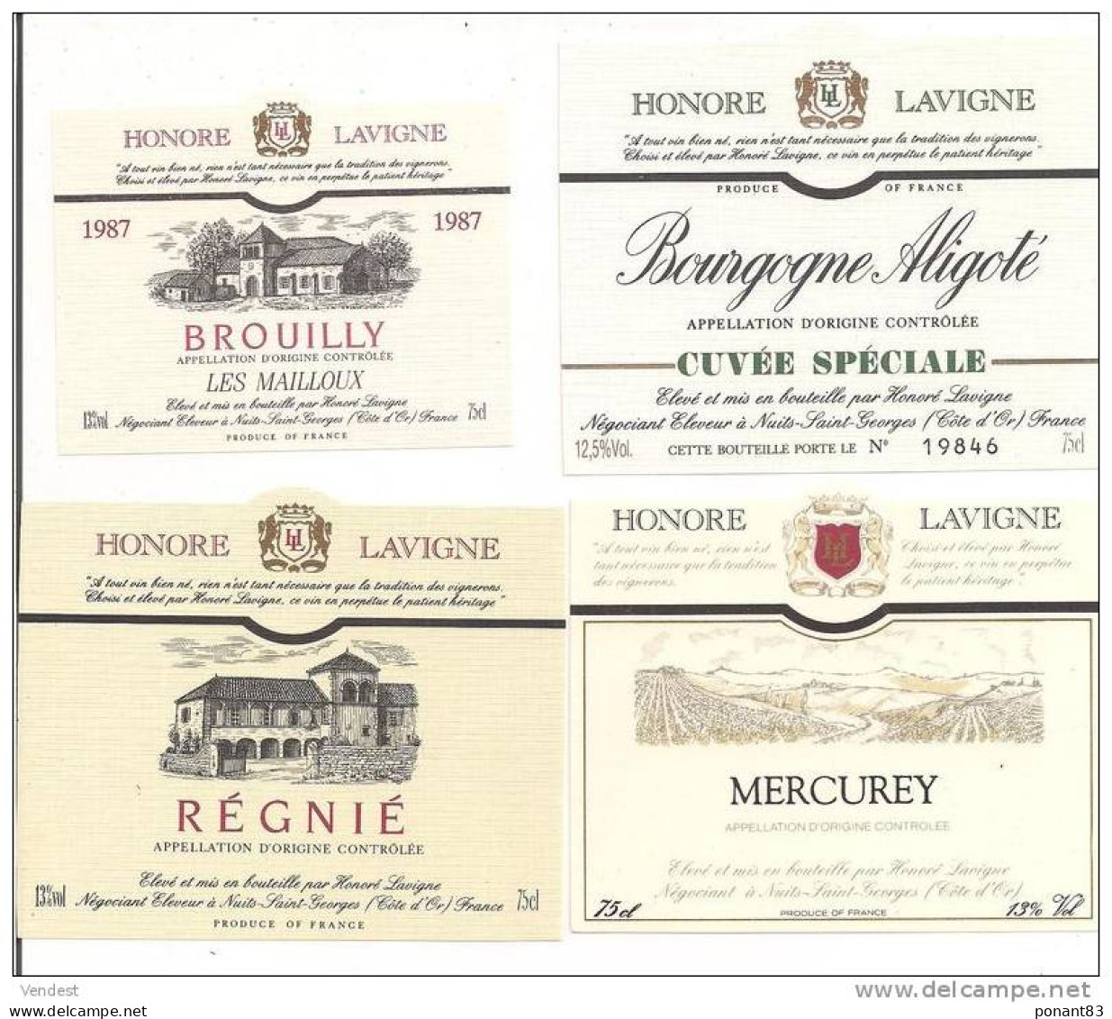 Etiquettes Vin  Du Beaujolais Honoré Lavigne: Brouilly, Régnié, Mercurey Et  Aligoté - Beaujolais