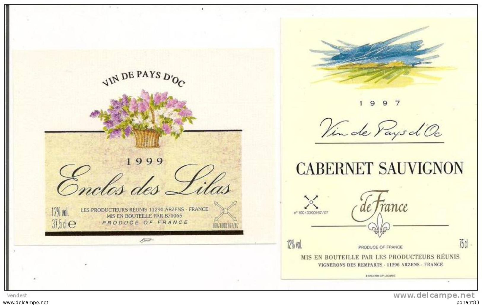 Etiquette Vin De Pays D'OC 1997 Cabernet Sauvignon Et 1999 Enclos Des Lilas - Arzens - - Vin De Pays D'Oc