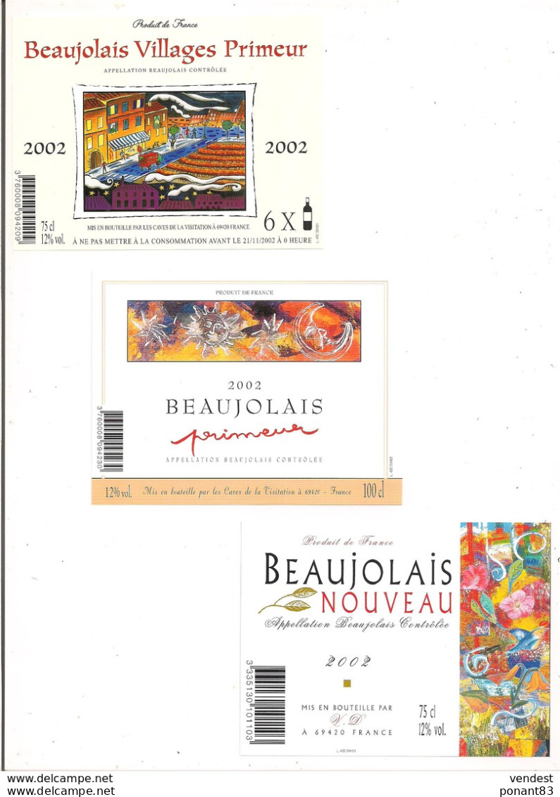 Etiquettes Beaujolais 2002 Villages Primeur, Primeur Caves De La Visitation Et Nouveau V.D. - - Beaujolais