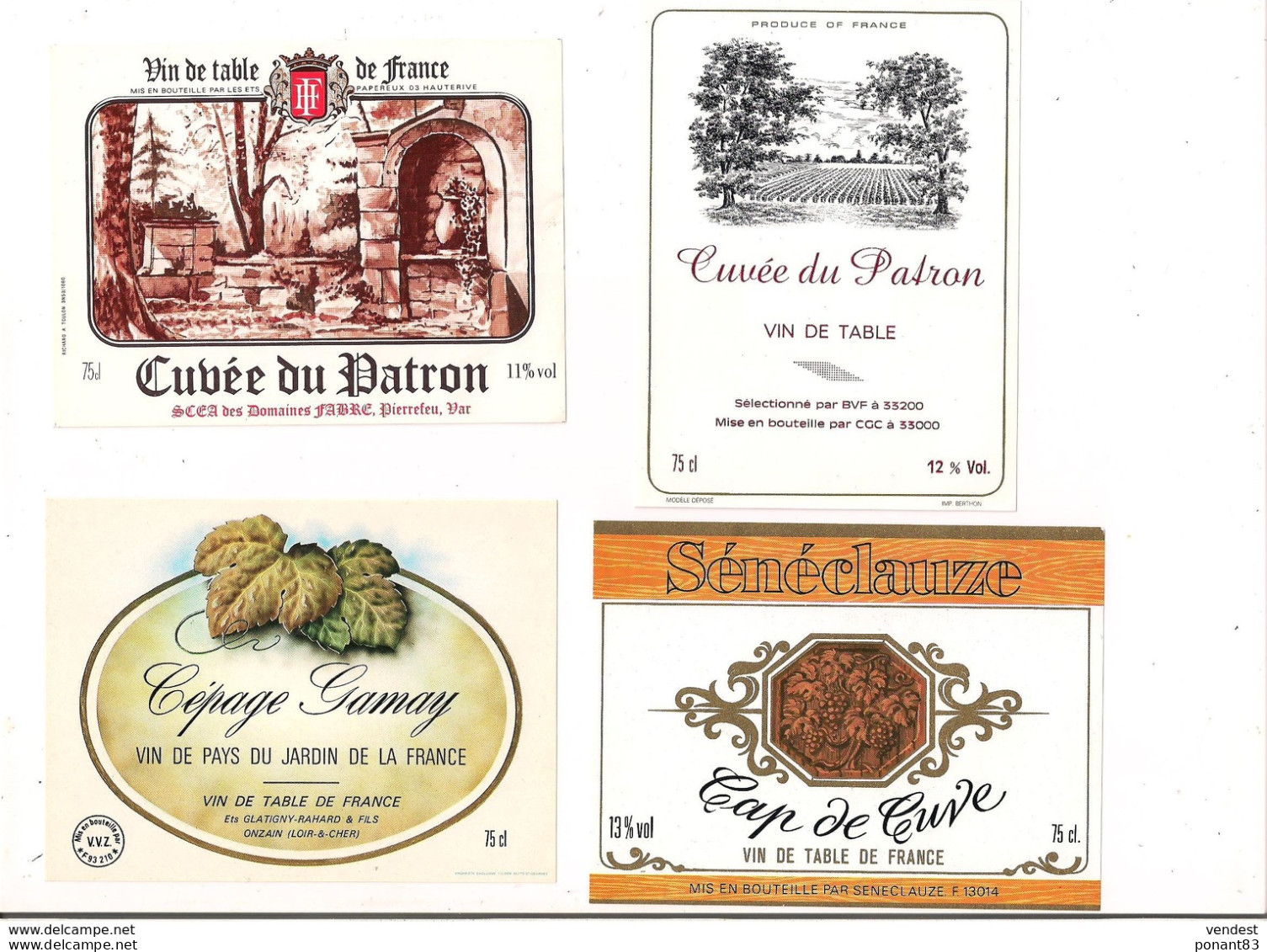 4 Etiquettes Vin : Cépage Gamay Glatigny-Rahard, Cuvée Du Patron Domaines Fabre Pierrefeu, Sénéclauze Cap De Cuve - - Collections & Sets