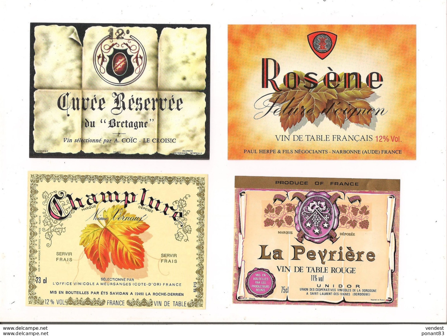 4 Etiquettes Vin : Champlure Noémie Vernaud, Cuvée Du  Bretagne A.Coïc, La Pevrière Unidor, Rosène Paul Herpe Narbonne - - Collections, Lots & Séries