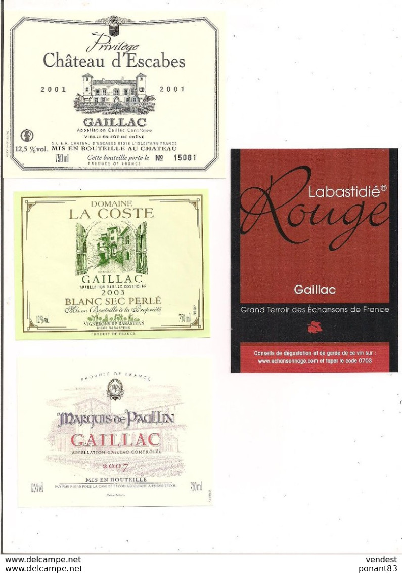 4 étiquettes - Gaillac Château D'Escabes 2001, La Coste Blanc Perlé 2003, Marquis De Paullin 2007 Et Labasttidié - - Gaillac