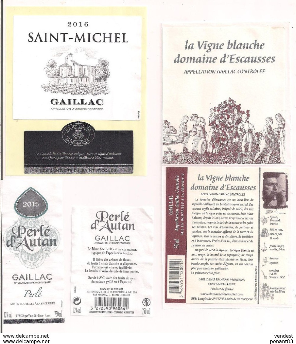 3 étiquettes   - Gaillac: Saint Michel 2016 - Perlé D'Autan 2015 - La Vigne Blanche Domaine D'Escausses - Décollées - - Gaillac