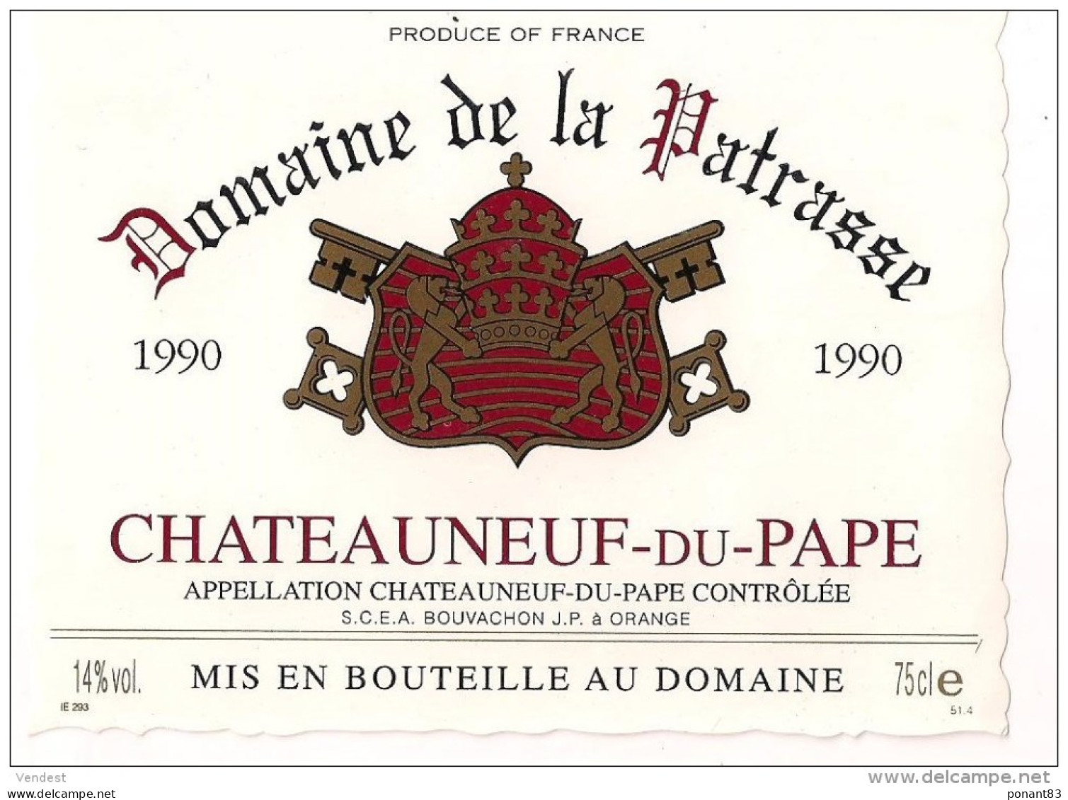 Etiquette CHATEAUNEUF Du PAPE Domaine De La Patrasse 1990  - - Côtes Du Rhône