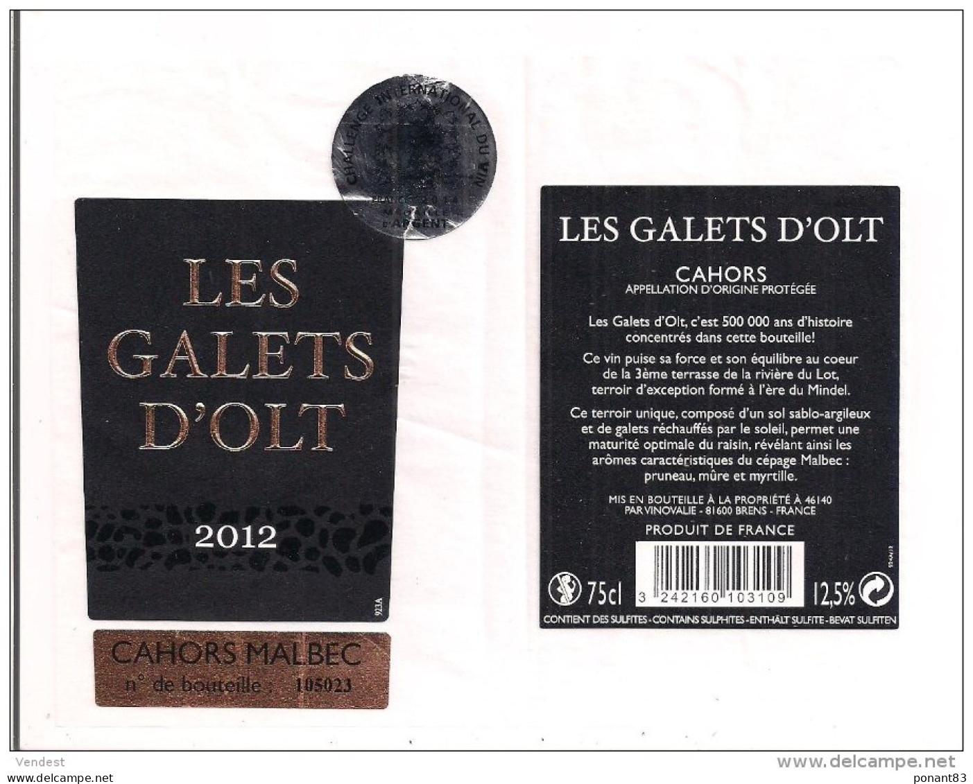 Etiquette  Décollée  CAHORS Les Galets D'Olt - Cahors Malbec - 2012 - - Cahors
