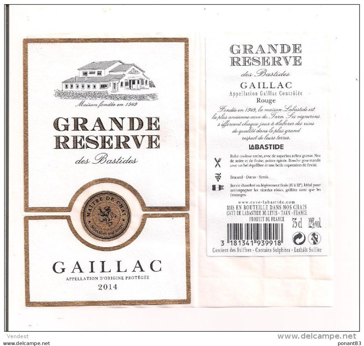 Etiquette  Décollée GAILLAC Rouge 2014 - Grande Réserve Des Bastides - Labastide De Levis - - Gaillac