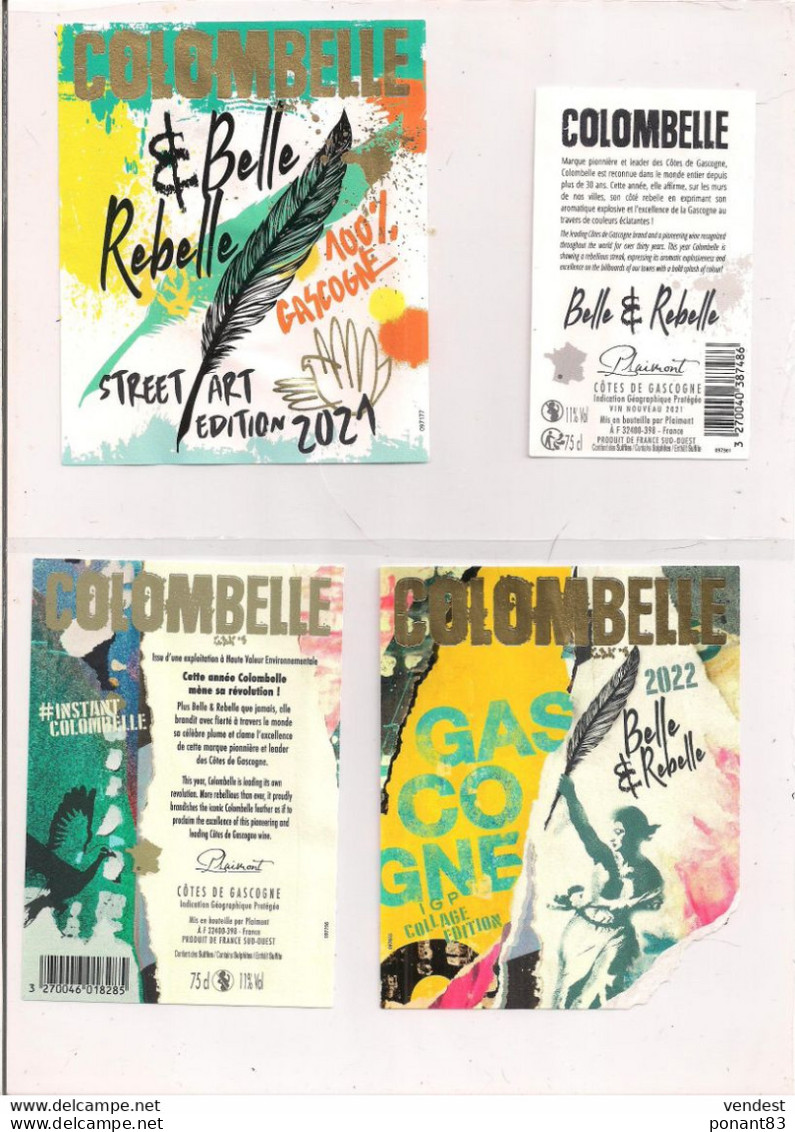 Etiquettes  Décollées Colombelle Plaimont  "Belle Et Rebelle Street Art 2021" Et Révolution 2022 - Côtes De Gascogne - - Blancs