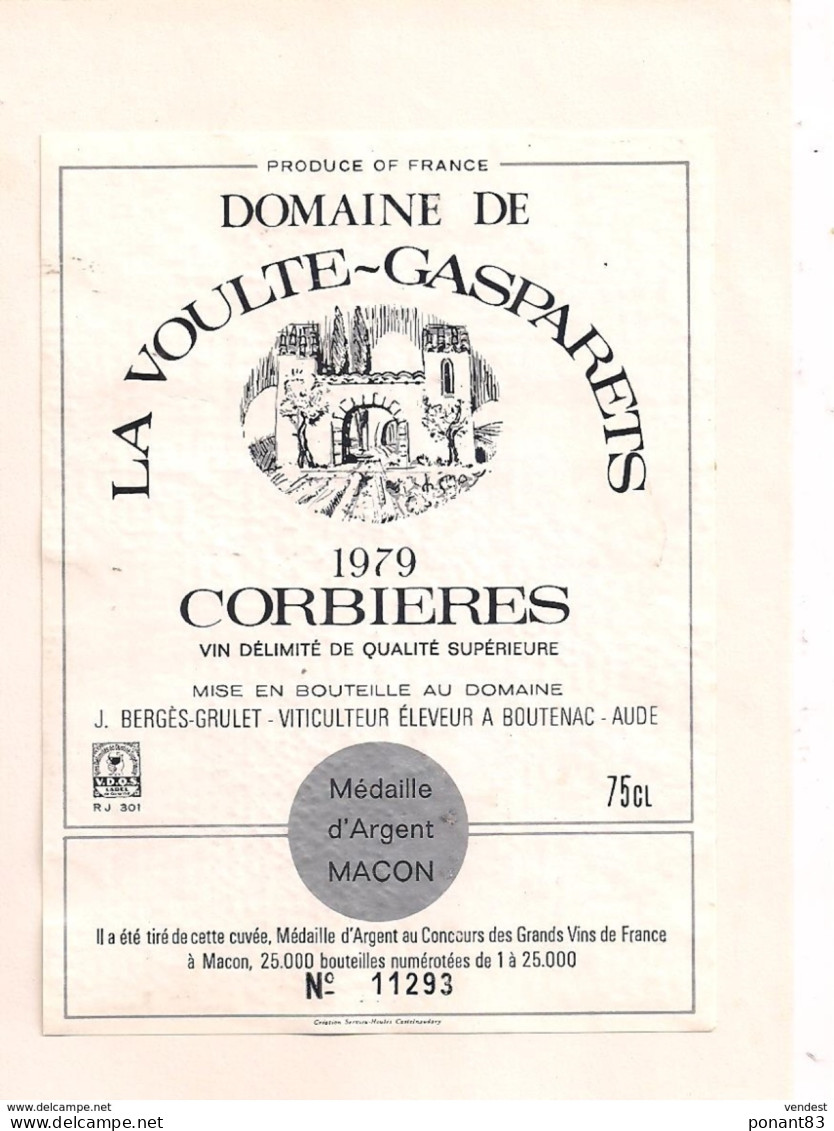 Etiquette  Décollée  Corbières - 1979 - La Voulte-Gasoarens - J.Bergès-Grulet à Boutenac - Médaille Argent Mâcon - - Languedoc-Roussillon