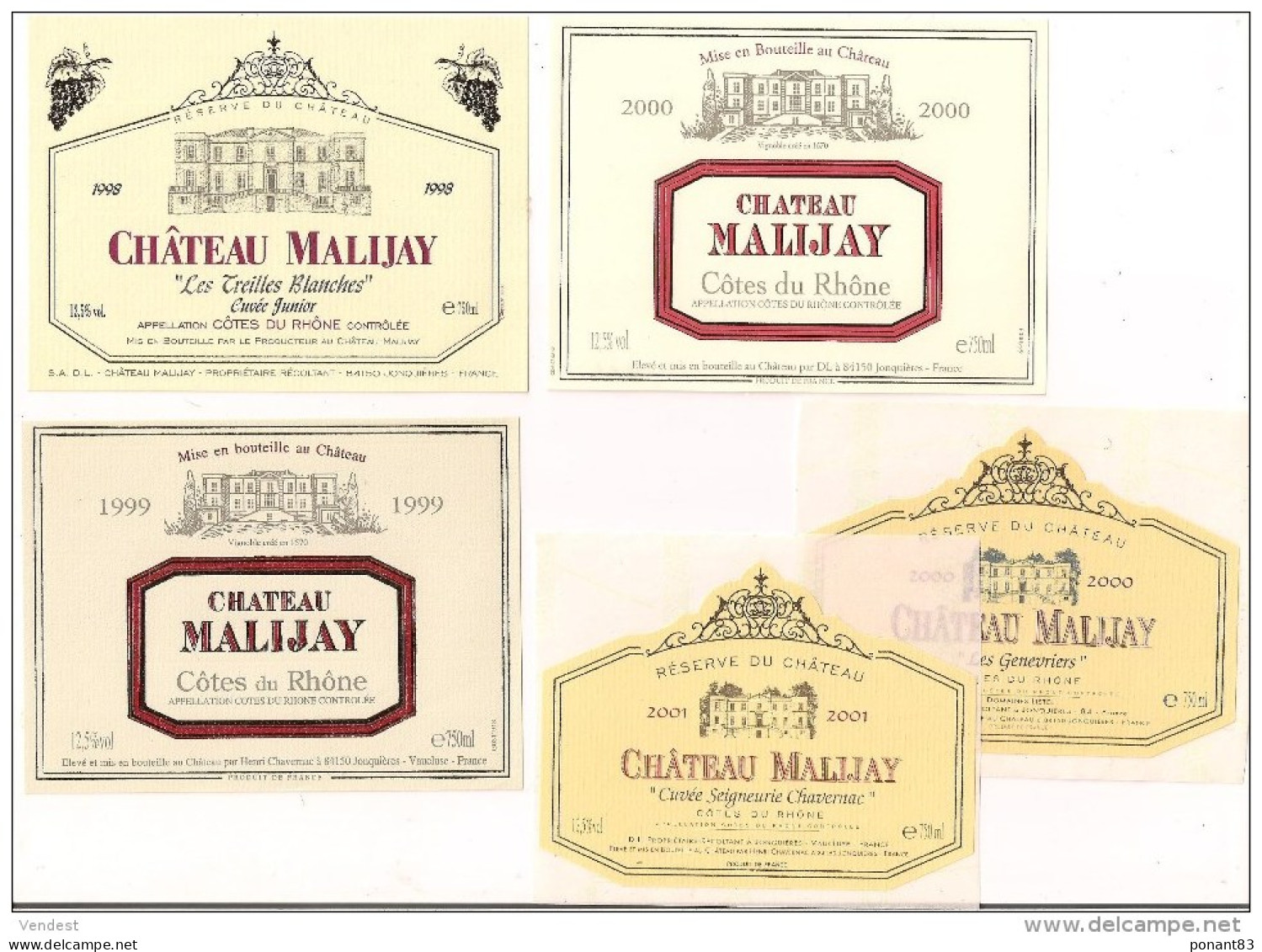 5 Etiquettes  Côtes Du Rhône - 1998, 1999, 2000, 2001 Château Malijay à Jonquières - - Côtes Du Rhône