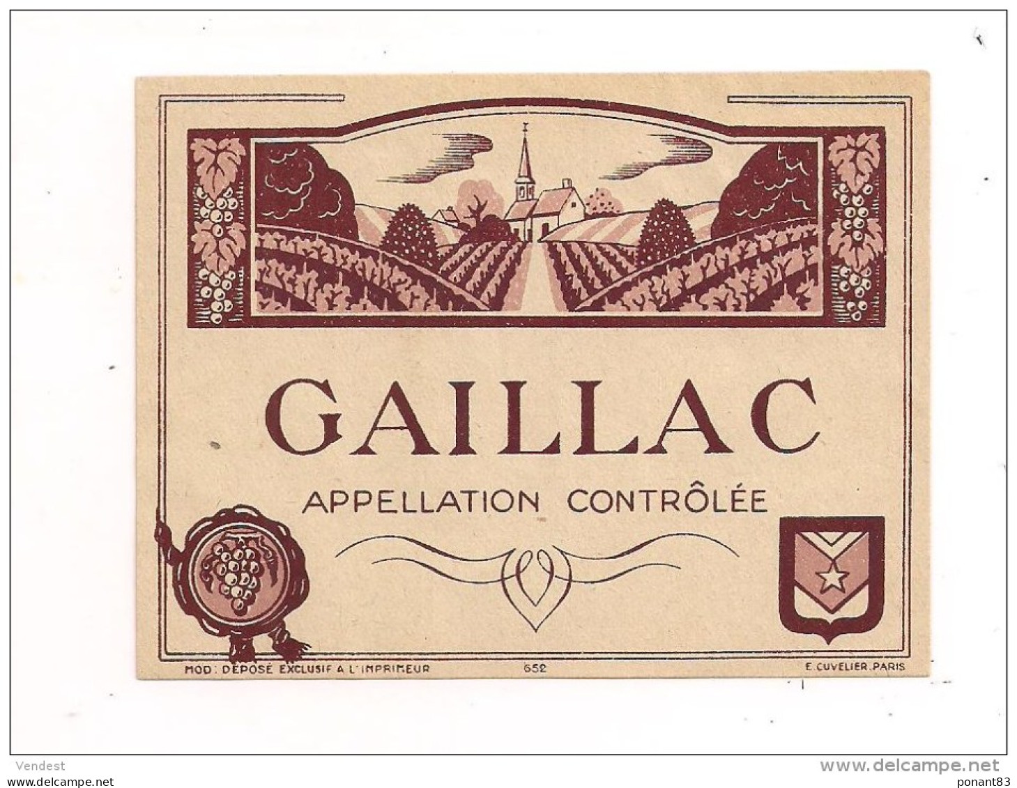 Etiquette Vin GAILLAC - Appellation Contrôlée - Imp. E.Cuvelier - - Gaillac