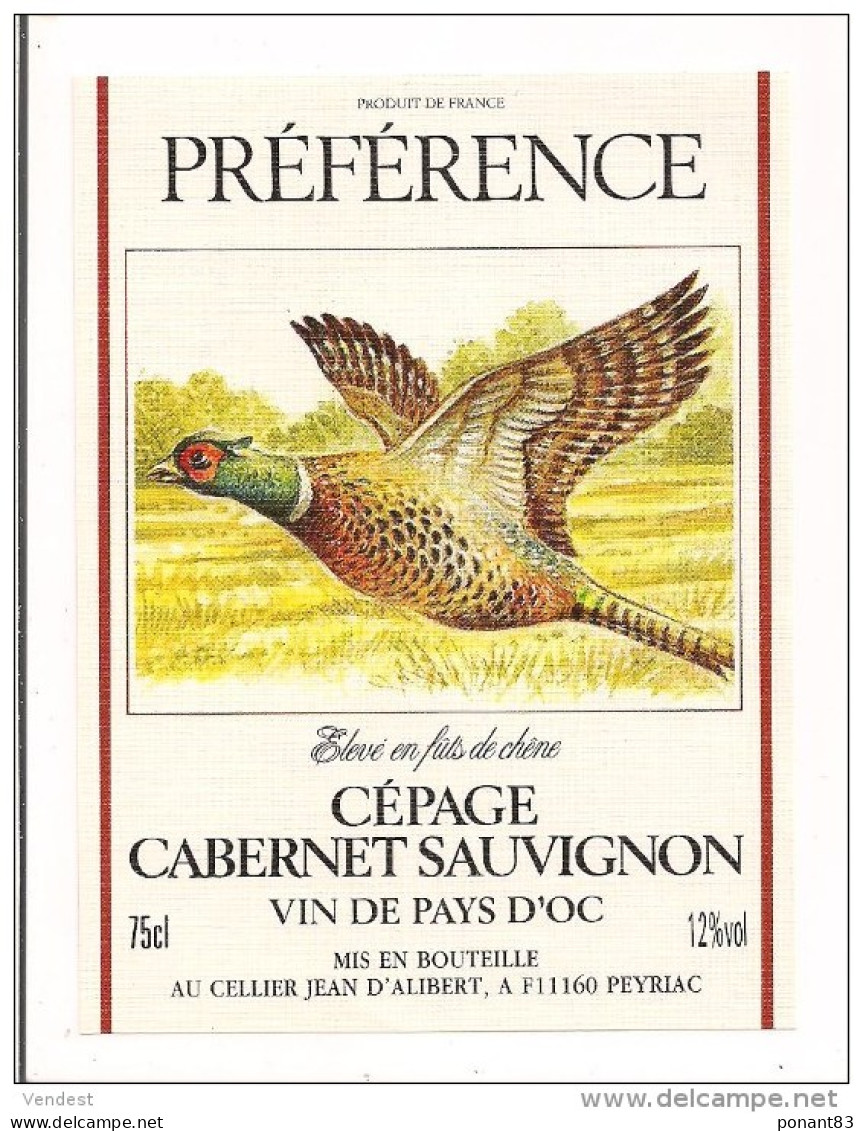 Etiquette PREFERENCE - Cépage Cabernet Sauvignon - Vin De Pays D'Oc - Illustration Faisan - - Languedoc-Roussillon