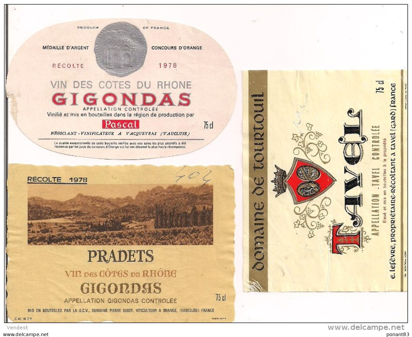 Etiquettes  Vin  Des Côtes Du Rhône GIGONSAS  1978 Pradets Et Pasca - Décollées, En L'état - - Côtes Du Rhône