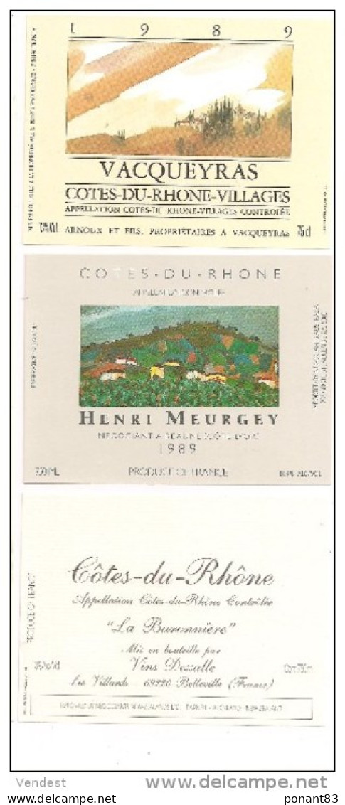 Etiquettes VACQUEYRAS, Côtes Du Rhône H.Meurgey 1989 Et La Baronnière - Côtes Du Rhône