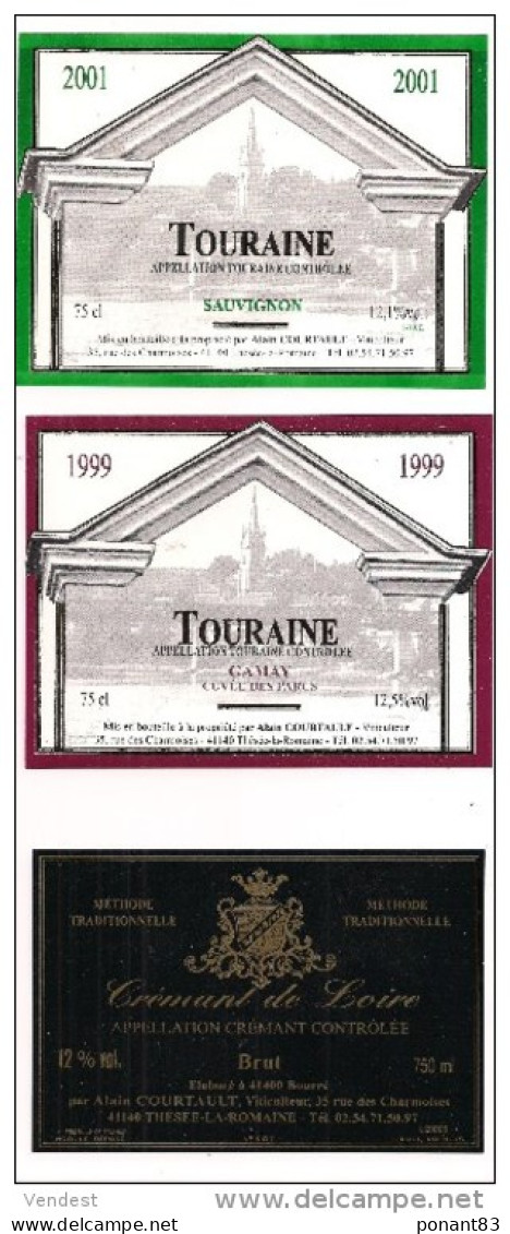 3 Etiquettes  TOURAINE Sauvignon 2001 , Gamay  1999 Et Crémant De Loire  A.Courtault à Thésée La Romaine - - Collezioni & Lotti