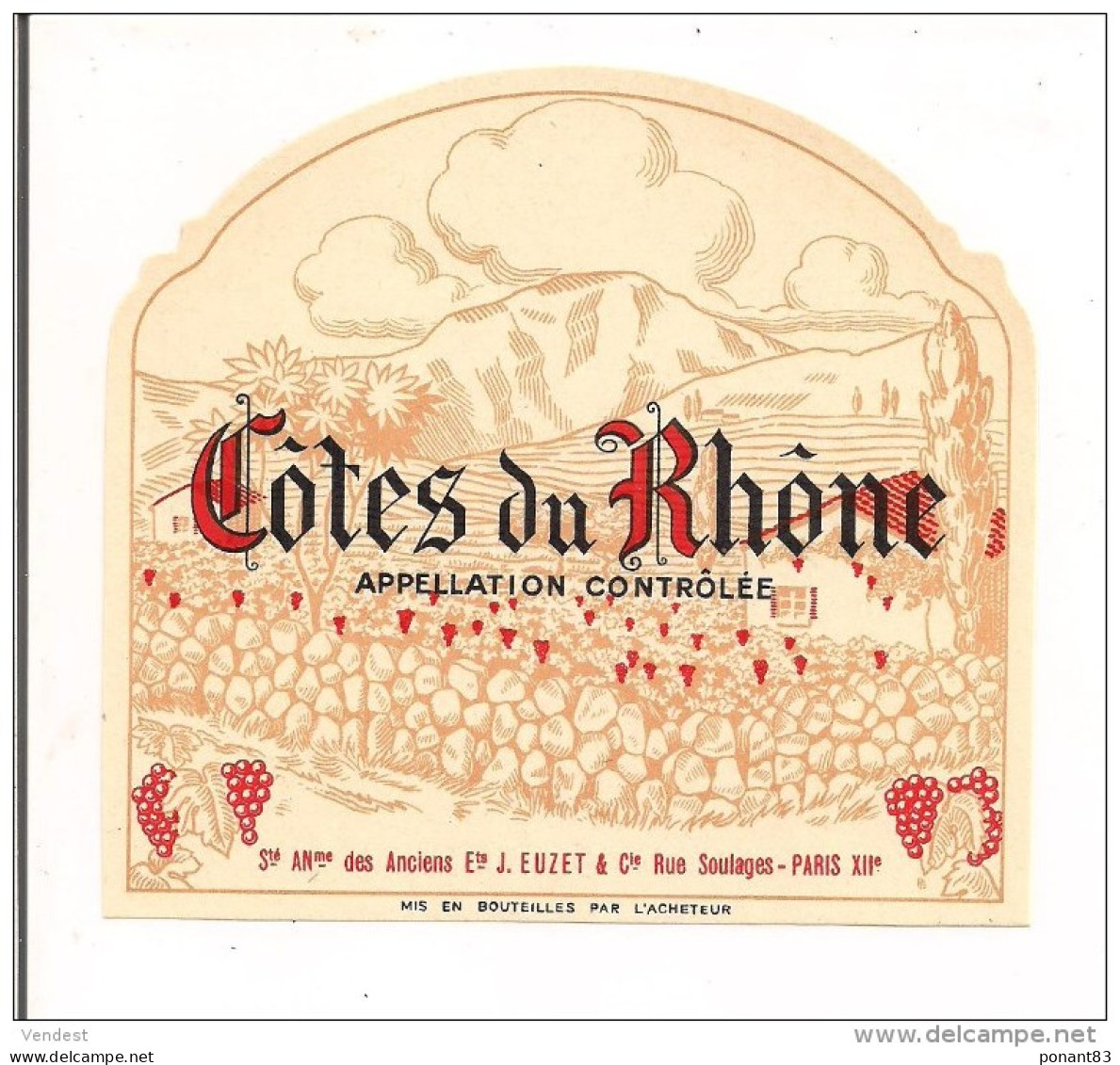 Etiquette COTES Du RHONE - Ste Anme Anciens Ets J.Euzet - Mis En Bouteilles Par L'acheteur - - Côtes Du Rhône