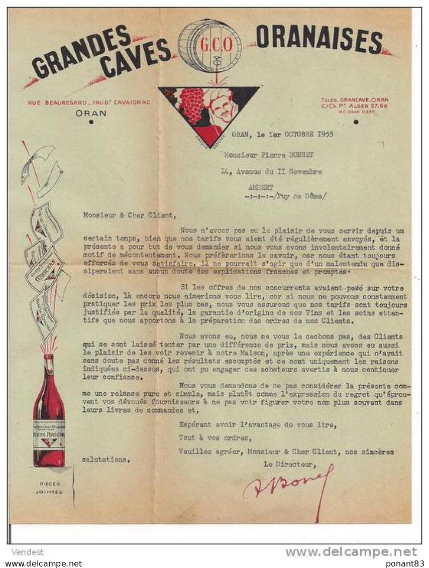 Algérie: Grandes Caves Oranaises: Publcité Complète: Enveloppe EMA, Lettre 01.10.1955, Tryptique Tarif, BdeC ... - Alkohol