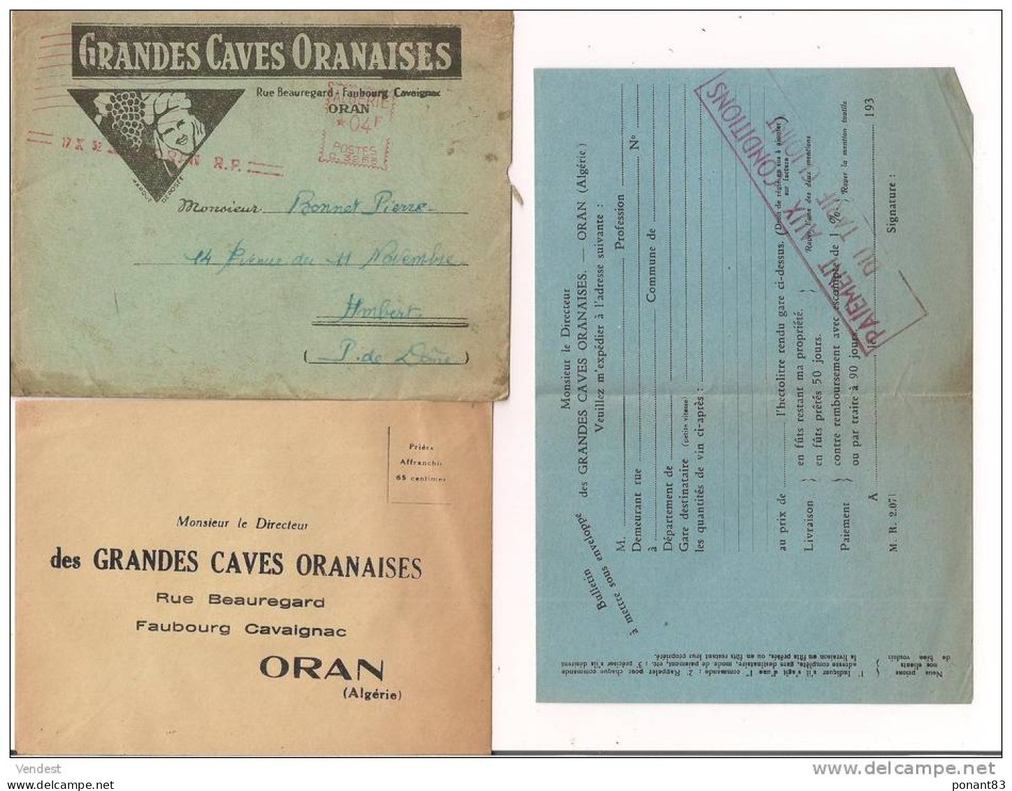 Algérie: Grandes Caves Oranaises: Publcité Complète: Enveloppe EMA, Lettre 30.09.1952, Tryptique Tarif, BdeC ... - Alcolici